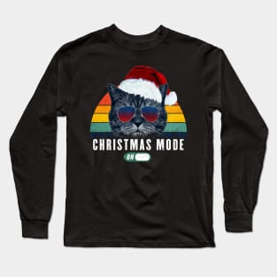 Christmas mode on Retro Funny cat 80s Winter mode Gift for Cat Lover Long Sleeve T-Shirt